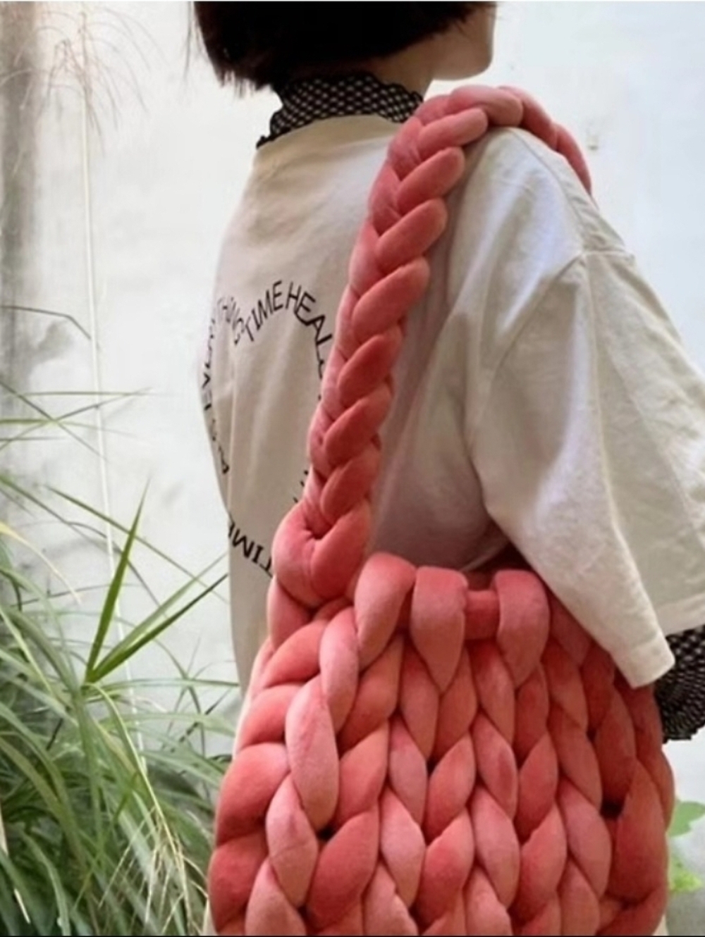 Chunky Braided Pink Shoulder Bag - Soft Knit Tote